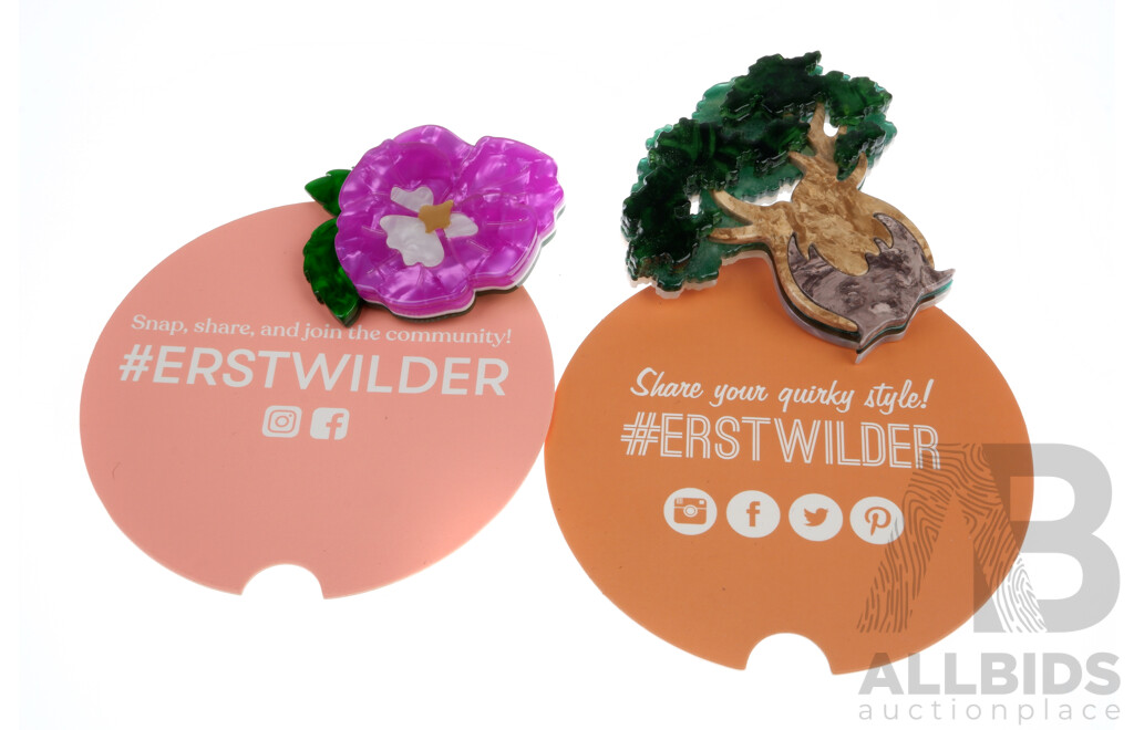 NEW - Erstwilder 'Bulbous Baobab Tree' & 'On Sleeping Eyelids Pansy' Brooches