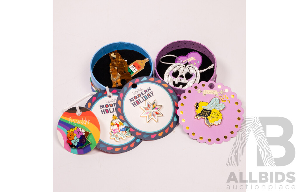 Erstwilder Collection (2) Resin Brooches & (4) Erstwilder Collection Enamel Pins - NEW with Original Packaging