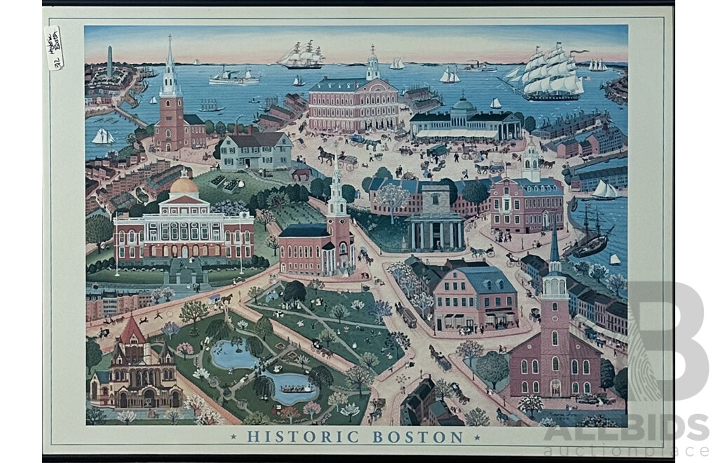 Marie Fox, (Folk Art, American), Historic Boston, (1988), Framed Reproduction Colour Poster of the Original, 60 x 83 cm (frame)