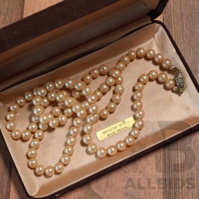 Vintage Strand of Genuine 7.5mm Shell Based Pearls, 65cm Long, Boxed