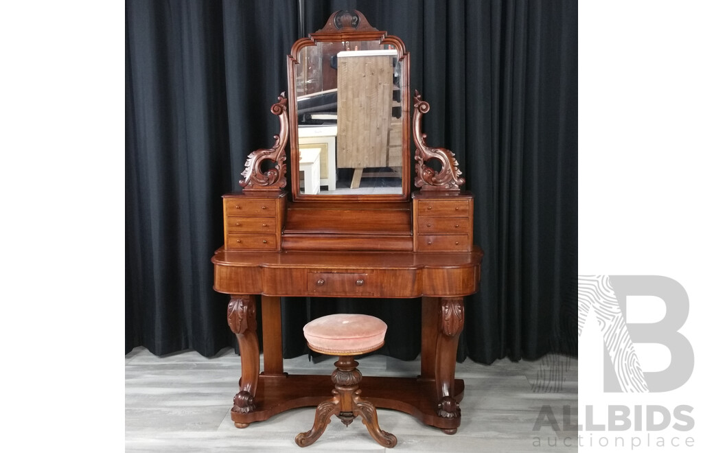 Victorian Cedar Mirrored Back Dresser with Stool