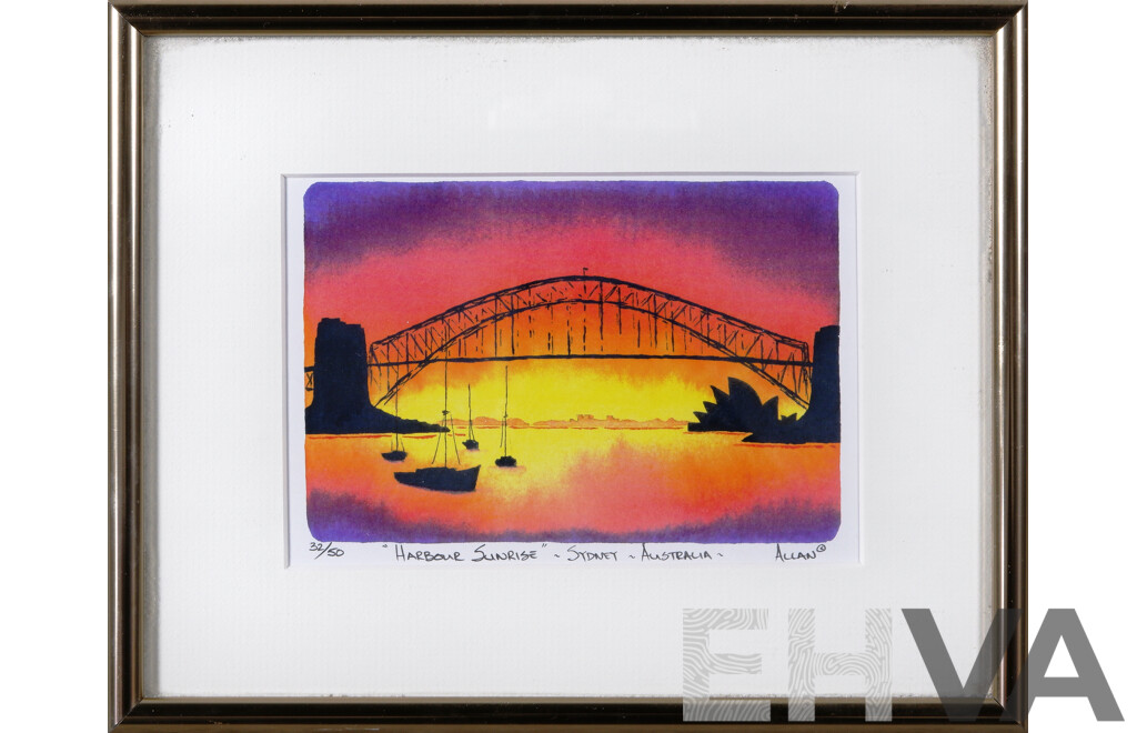 Allan Ashley, (20th Century, Australian), 'Harbour Sunrise'- Sydney - Australia, Coloured Print, Signed, Edition 32 of 50, 21 x 26 cm (frame)