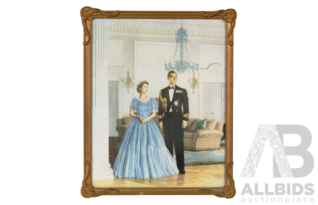 H.M. Queen Elizabeth The Second and H.R.H. The Duke of Edinburgh, Vintage Colour Print in Gorgeous Frame, 55 x 45 cm (frame)