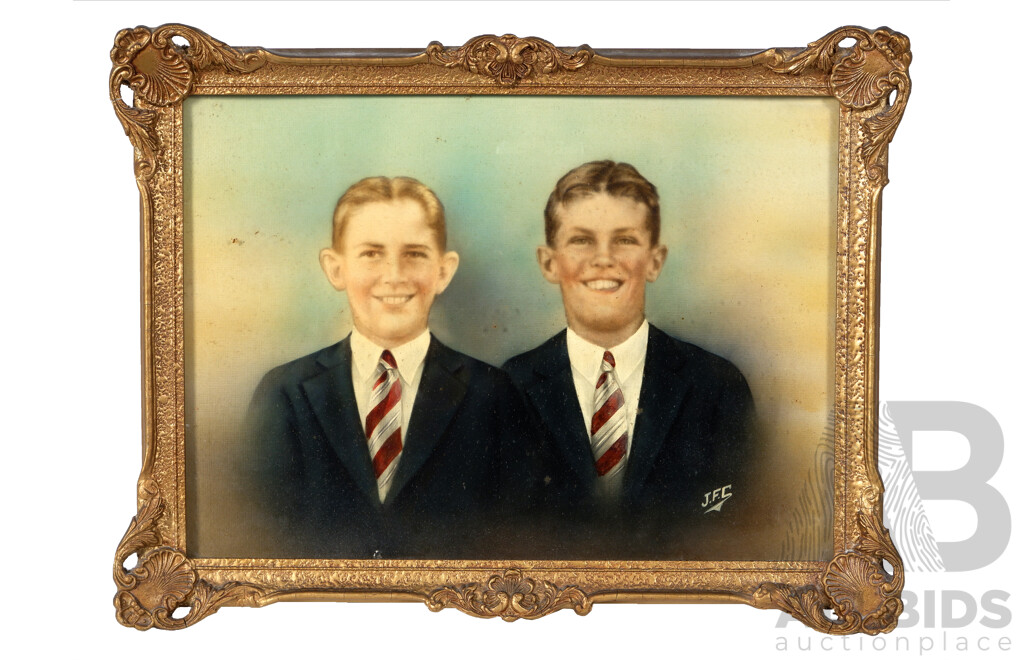 J.F.C, Vintage Dual Portrait of Two School Boys, Colour Print on Canvas with Some Hand Embellishment, 33.5 X 42.5 Cm (frame)