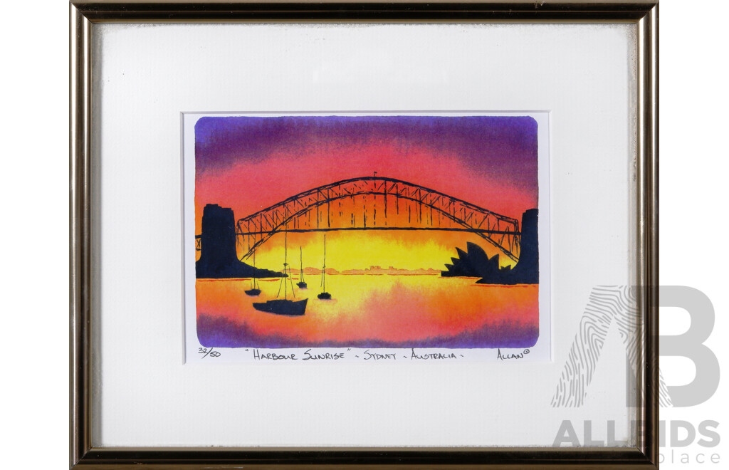 Allan Ashley, (20th Century, Australian), 'Harbour Sunrise'- Sydney - Australia, Coloured Print, Signed, Edition 32 of 50, 21 x 26 cm (frame)