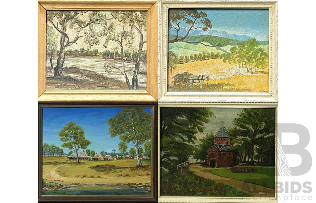 H.V. Leth - Tranquil Church; Dulcie Scherf - Haven by the Water; G Hamilton - Apex Park, Mildura;  W Mooney - Cow Resting by Sheep's Pasture - Collection of Four Paintings of Varied Sizes, 44 x 53 cm (largest Frame) and 11 x 13 cm (smallest Frame) (4)