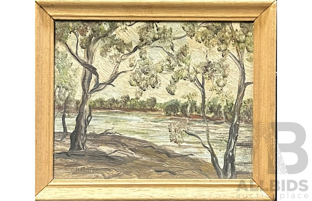 H.V. Leth - Tranquil Church; Dulcie Scherf - Haven by the Water; G Hamilton - Apex Park, Mildura;  W Mooney - Cow Resting by Sheep's Pasture - Collection of Four Paintings of Varied Sizes, 44 x 53 cm (largest Frame) and 11 x 13 cm (smallest Frame) (4)