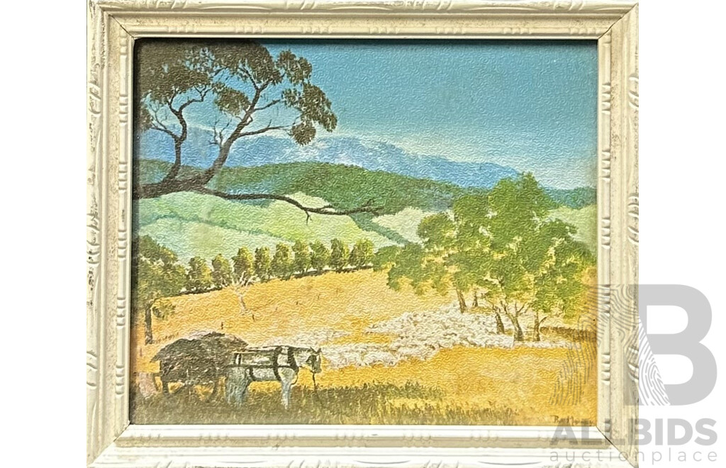 H.V. Leth - Tranquil Church; Dulcie Scherf - Haven by the Water; G Hamilton - Apex Park, Mildura;  W Mooney - Cow Resting by Sheep's Pasture - Collection of Four Paintings of Varied Sizes, 44 x 53 cm (largest Frame) and 11 x 13 cm (smallest Frame) (4)