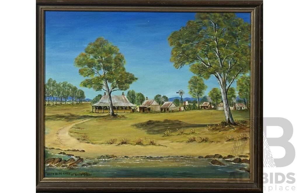 H.V. Leth - Tranquil Church; Dulcie Scherf - Haven by the Water; G Hamilton - Apex Park, Mildura;  W Mooney - Cow Resting by Sheep's Pasture - Collection of Four Paintings of Varied Sizes, 44 x 53 cm (largest Frame) and 11 x 13 cm (smallest Frame) (4)