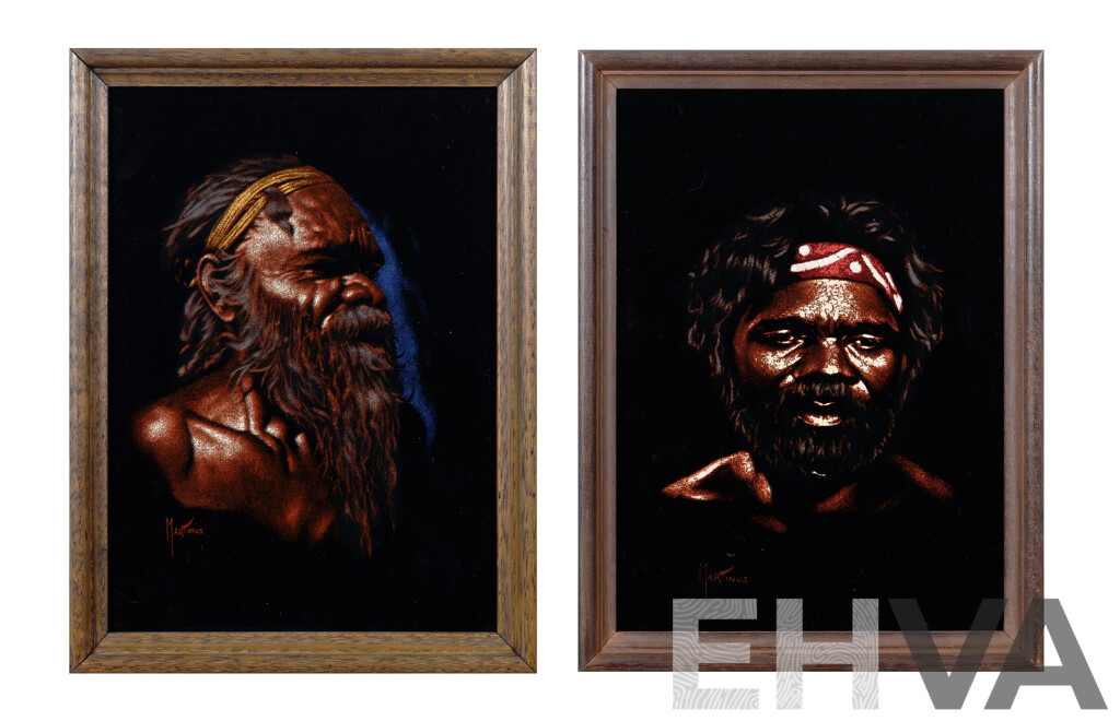 Martinus, (Date Unknown), Wonderful Pair of Vintage Indigenous Portraits, Paint on Velvet, 30 x 23 cm (frames)