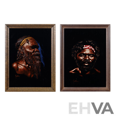 Martinus, (Date Unknown), Wonderful Pair of Vintage Indigenous Portraits, Paint on Velvet, 30 x 23 cm (frames)