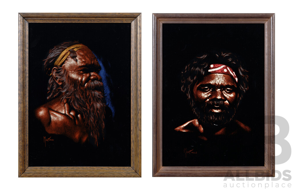 Martinus, (Date Unknown), Wonderful Pair of Vintage Indigenous Portraits, Paint on Velvet, 30 x 23 cm (frames)