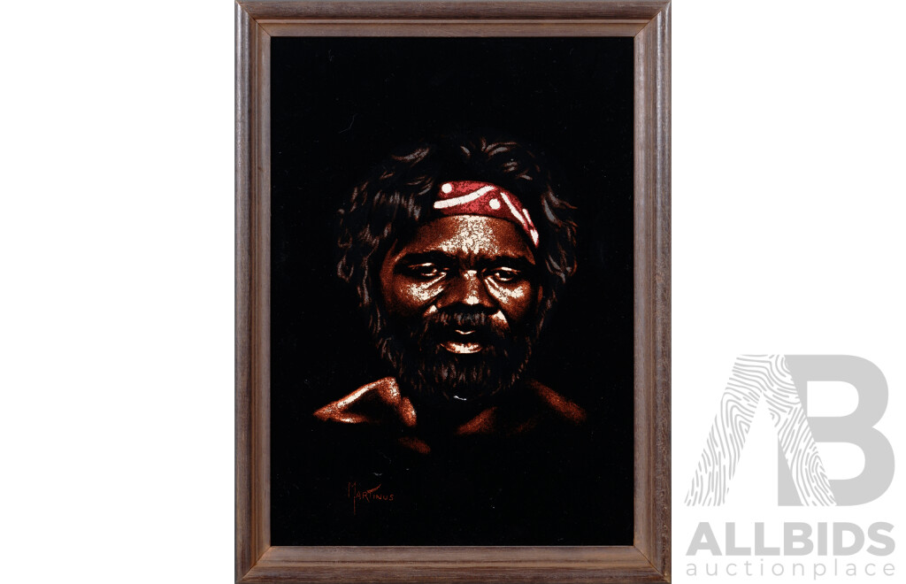 Martinus, (Date Unknown), Wonderful Pair of Vintage Indigenous Portraits, Paint on Velvet, 30 x 23 cm (frames)