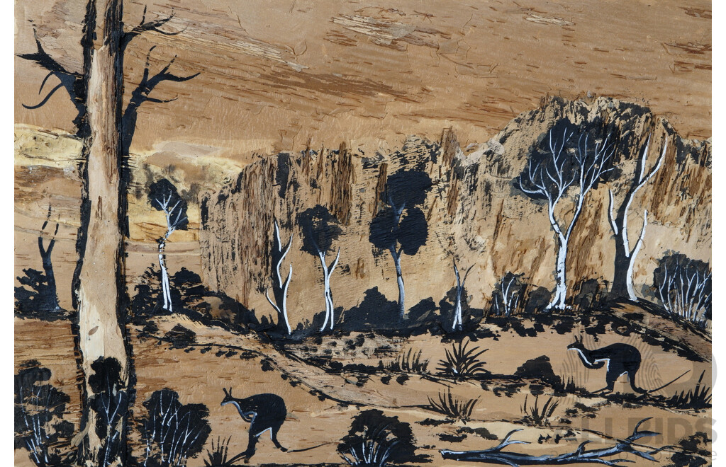 Artist Unknown, Vintage Aboriginal Paperbark Picture, Kangaroos in the Outback, (1978), 20.5 X 30.5 Cm