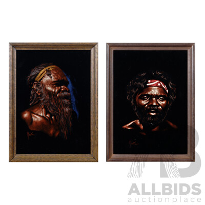 Martinus, (Date Unknown), Wonderful Pair of Vintage Indigenous Portraits, Paint on Velvet, 30 x 23 cm (frames)