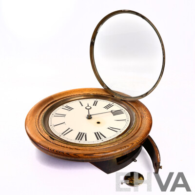 Vintage Foyer Round Oak and Brass Wall Clock by the Sessions Clock Co, Made in USA