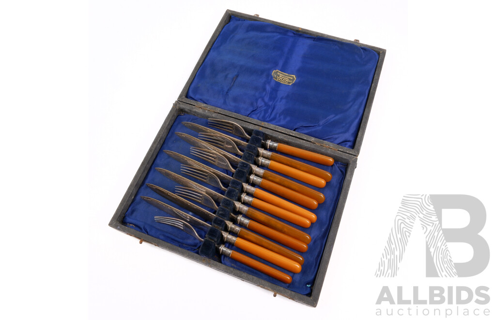 Antique 12 Piece Flatware Set with Engraved Silver Plate Blades and Sterling Silver Ferules, Sheffield 1918, in Original Box by Pleasance & Harper Bristol