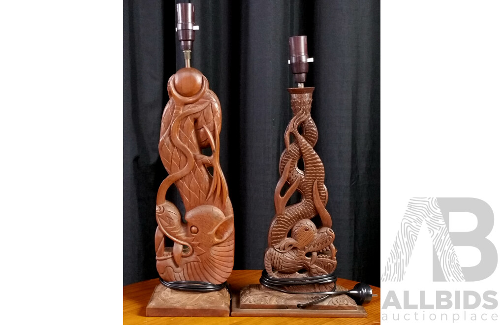 Pair of Match Carved Treen Table Lamps