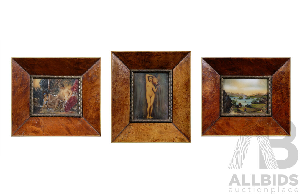 Trio of Wonderful Miniature Antique Crystoleum Hand Embellished Prints of Original Oil Paintings - (See Below for More Information), 14 x 15.5  cm and 15.5 x 14.5 cm (frames) (3)