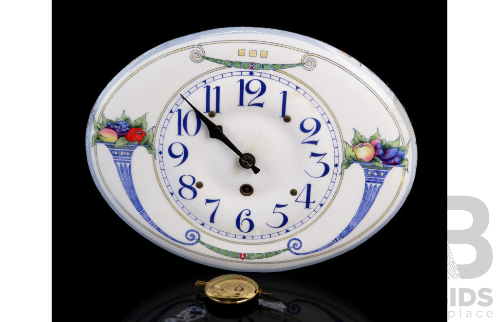 Vintage Enamel Oval Wall Clock with Cornucopias and Fruit