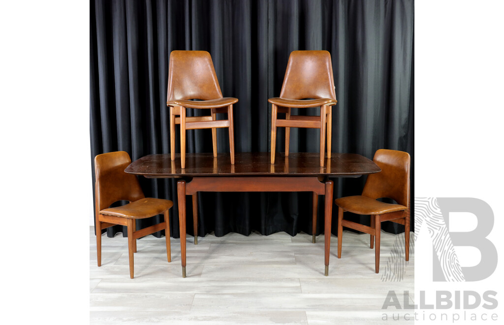 Mid Century Teak Dining Table with Brass Capped Legs and Four Vinyl Upholstered Chairs