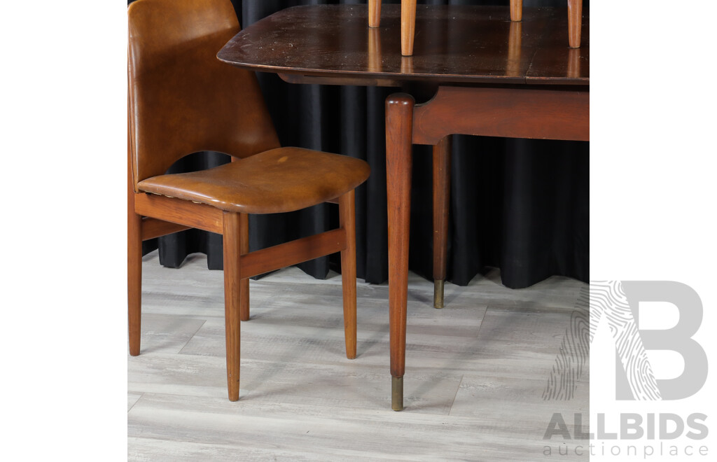 Mid Century Teak Dining Table with Brass Capped Legs and Four Vinyl Upholstered Chairs