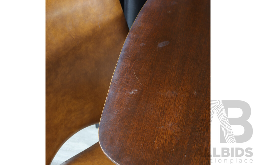 Mid Century Teak Dining Table with Brass Capped Legs and Four Vinyl Upholstered Chairs