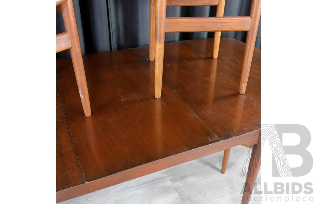 Mid Century Teak Dining Table with Brass Capped Legs and Four Vinyl Upholstered Chairs