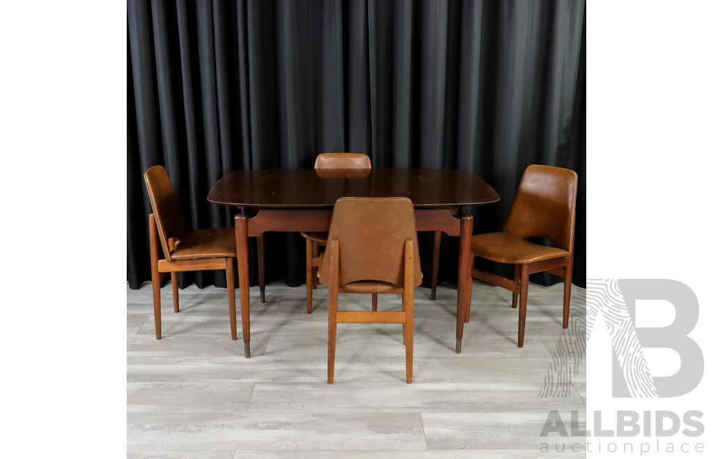 Mid Century Teak Dining Table with Brass Capped Legs and Four Vinyl Upholstered Chairs