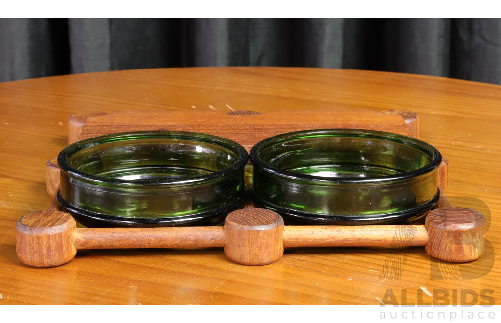 Danish Teak Hors D'Oeuvre Tray with Glass Serving Bowls