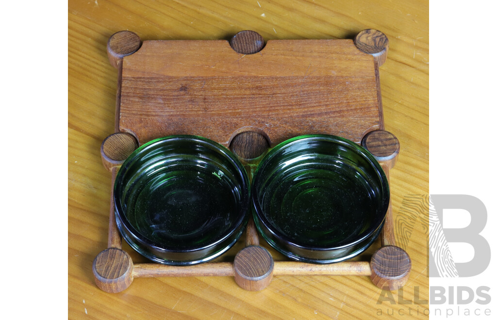 Danish Teak Hors D'Oeuvre Tray with Glass Serving Bowls