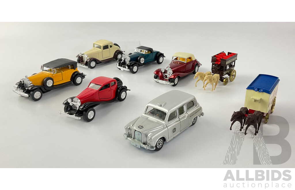 Collection of Days Gone, Dinky and Yatming Diecast Cars and Horse Drawn Carts Including Austin Taxi, Bigtop Horse Drawn Cart