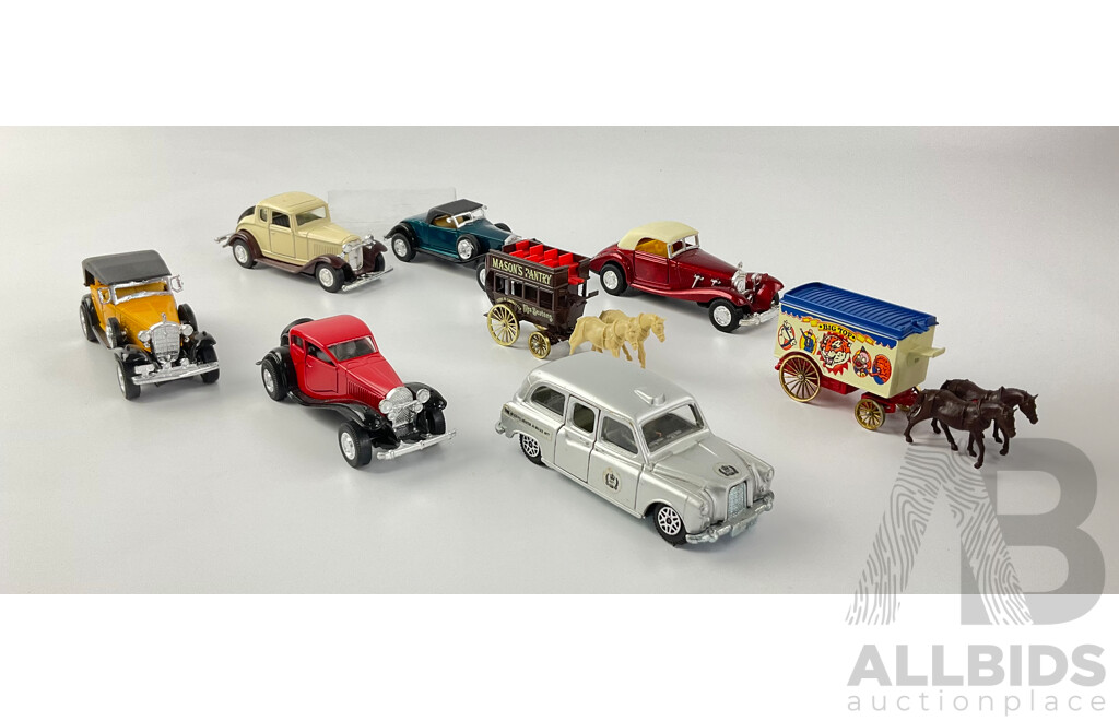 Collection of Days Gone, Dinky and Yatming Diecast Cars and Horse Drawn Carts Including Austin Taxi, Bigtop Horse Drawn Cart