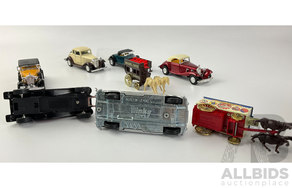 Collection of Days Gone, Dinky and Yatming Diecast Cars and Horse Drawn Carts Including Austin Taxi, Bigtop Horse Drawn Cart