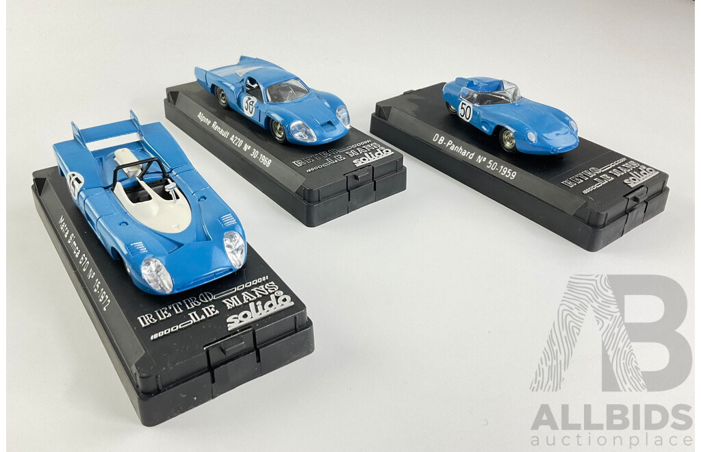 Three Solido Retrospective Le Mans Cars Including 1959 DB-Panhard, 1972  Matra Simca and 1968 Alpine Renault