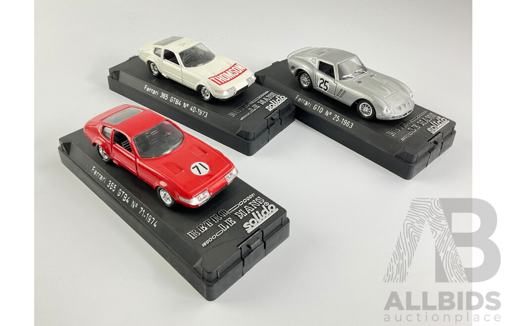 Three Solido Retrospective Le Mans Ferraris Including 1963 GTO, 1974 365 GTB4 and 1973 365 GTB4