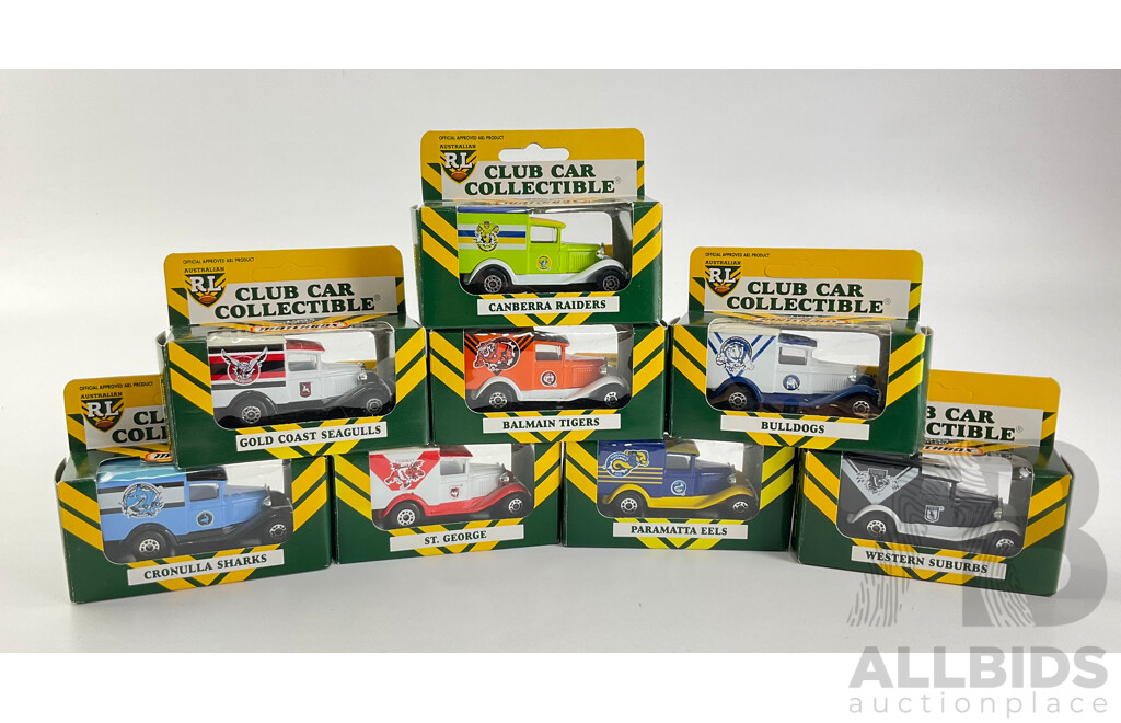 Eight Diecast Ford Model 'A' NRL Team Vehicles Including Raiders, Bulldogs, Tigers, Seagulls, Sharks, Dragons, Eels