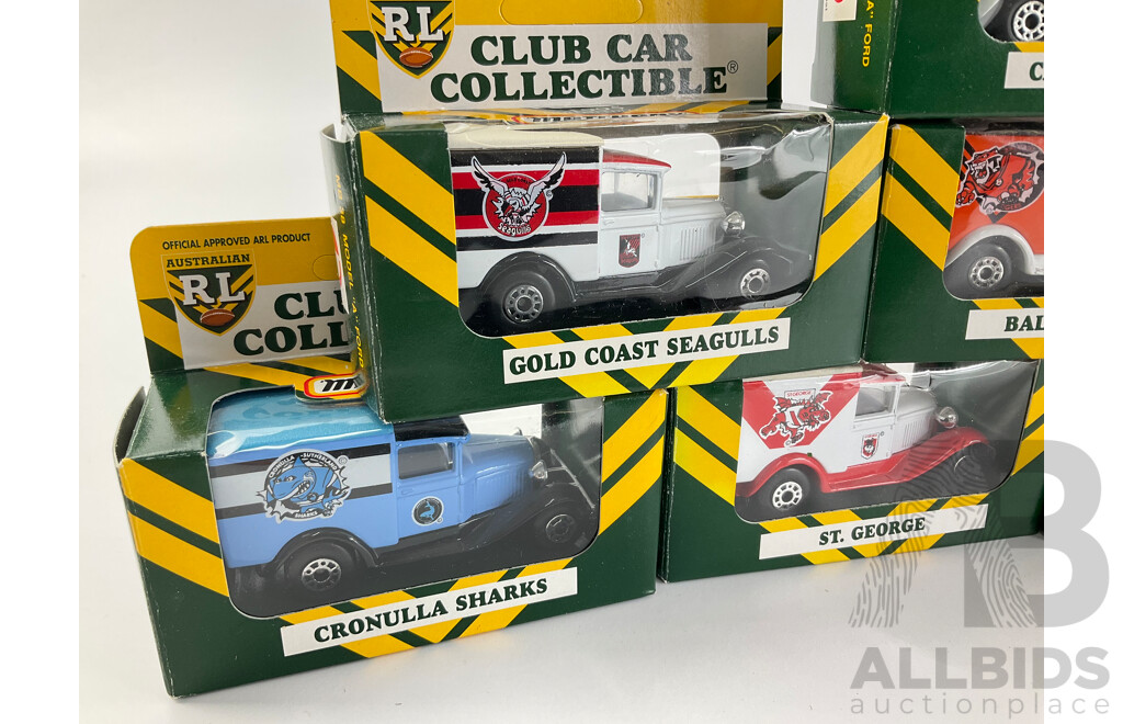 Eight Diecast Ford Model 'A' NRL Team Vehicles Including Raiders, Bulldogs, Tigers, Seagulls, Sharks, Dragons, Eels