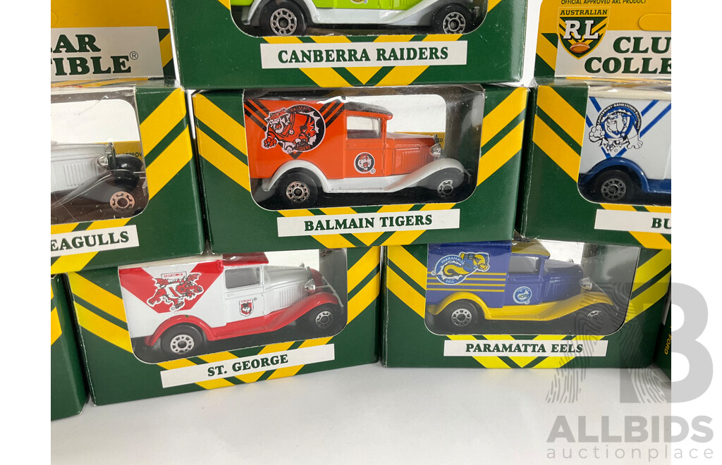 Eight Diecast Ford Model 'A' NRL Team Vehicles Including Raiders, Bulldogs, Tigers, Seagulls, Sharks, Dragons, Eels