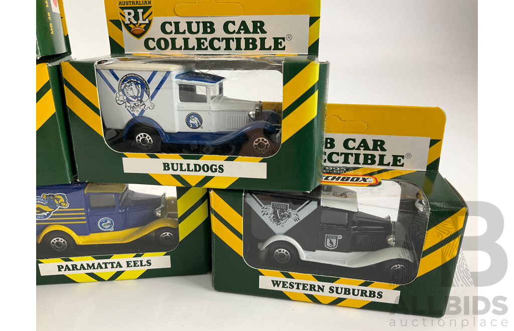 Eight Diecast Ford Model 'A' NRL Team Vehicles Including Raiders, Bulldogs, Tigers, Seagulls, Sharks, Dragons, Eels