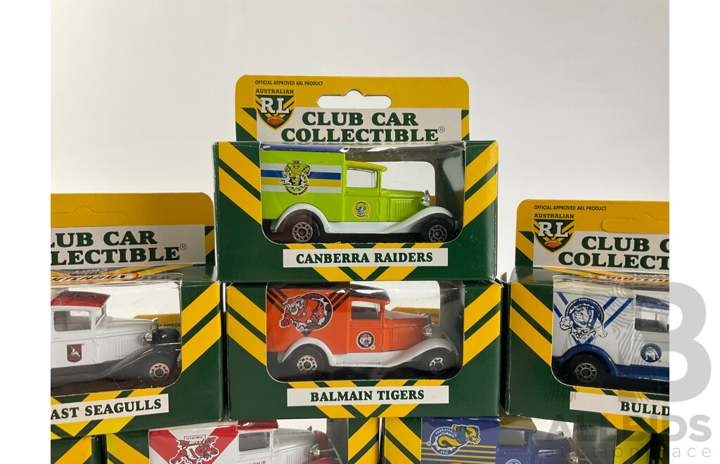 Eight Diecast Ford Model 'A' NRL Team Vehicles Including Raiders, Bulldogs, Tigers, Seagulls, Sharks, Dragons, Eels