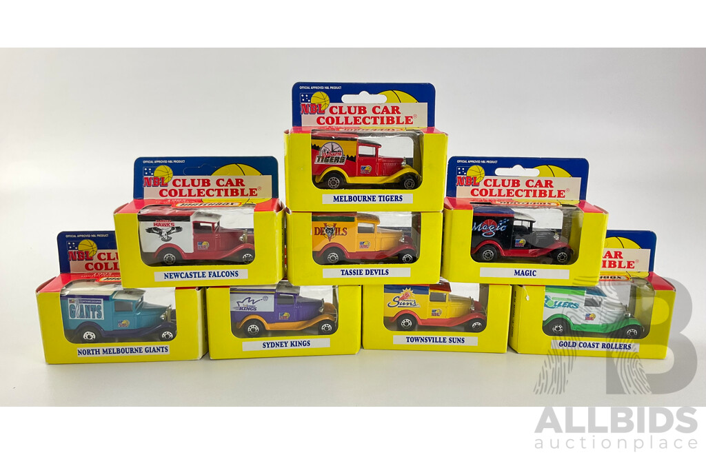 Eight Diecast Ford Model 'A' NBL Team Vehicles Including Magic,Tigers, Suns, Rollers, Devils, Kings, Giants, Hawks