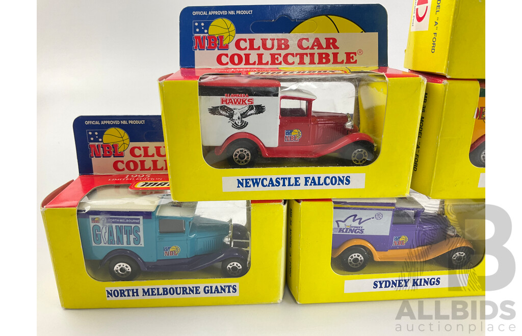 Eight Diecast Ford Model 'A' NBL Team Vehicles Including Magic,Tigers, Suns, Rollers, Devils, Kings, Giants, Hawks