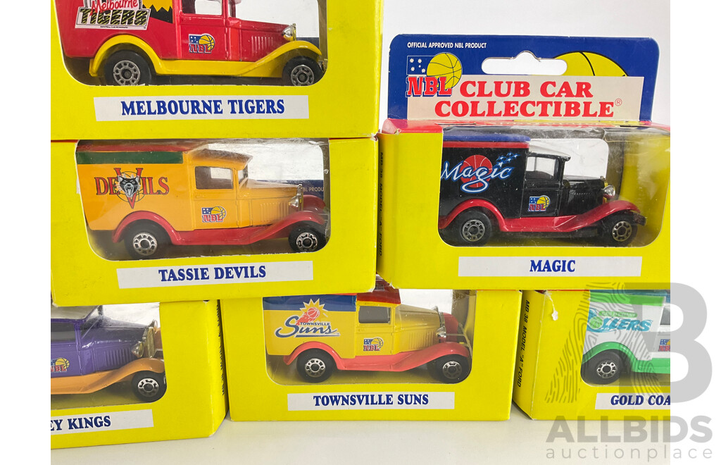 Eight Diecast Ford Model 'A' NBL Team Vehicles Including Magic,Tigers, Suns, Rollers, Devils, Kings, Giants, Hawks