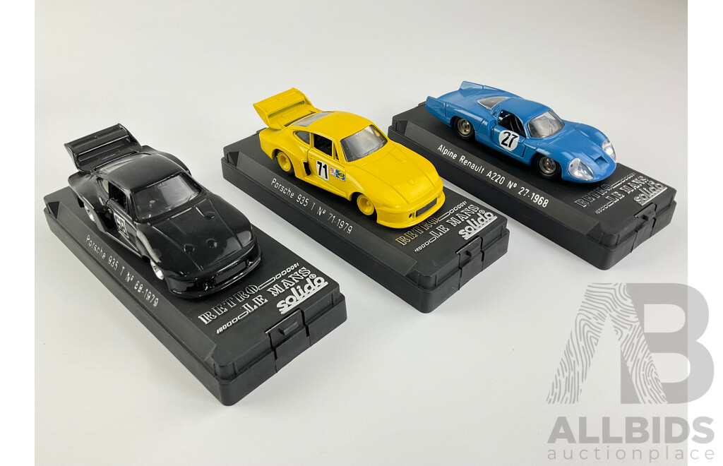 Vintage Solido Diecast Le Mans Retrospective Race Cars Including 1979 Porshe 935 T and 1968 Renault Alpine A220