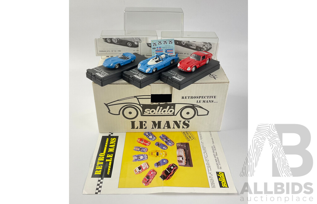 Vintage Solido Diecast Le Mans Retrospective Race Cars Including 1972 Matra Simca, 1962 Ferrari GTO, 1960 DB Panhard