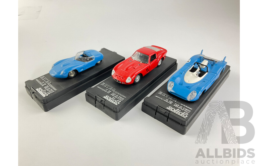 Vintage Solido Diecast Le Mans Retrospective Race Cars Including 1972 Matra Simca, 1962 Ferrari GTO, 1960 DB Panhard