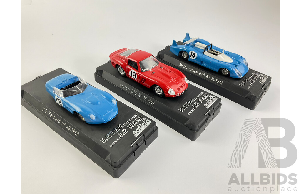 Vintage Solido Diecast Le Mans Retrospective Race Cars Including 1972 Matra Simca, 1962 Ferrari GTO, 1960 DB Panhard