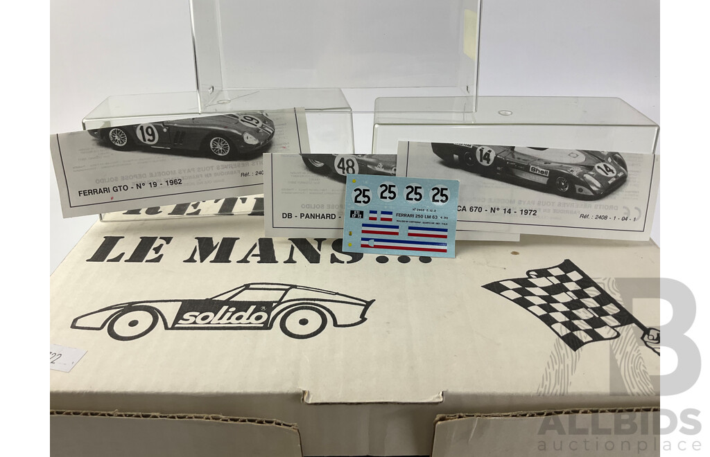 Vintage Solido Diecast Le Mans Retrospective Race Cars Including 1972 Matra Simca, 1962 Ferrari GTO, 1960 DB Panhard