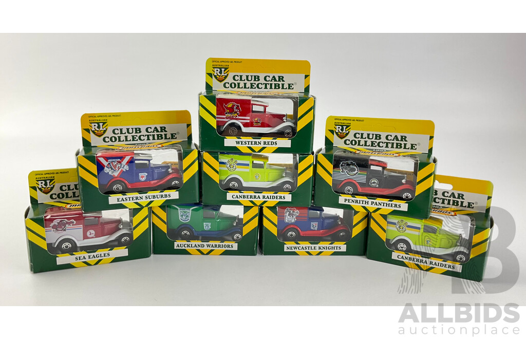 Collection of 1995 Matchbox Rugby League Ford Model  'A' Team Vehicles Including Raiders, Knights, Warriors, Sea Eagles, Panthers, Reds and Roosters